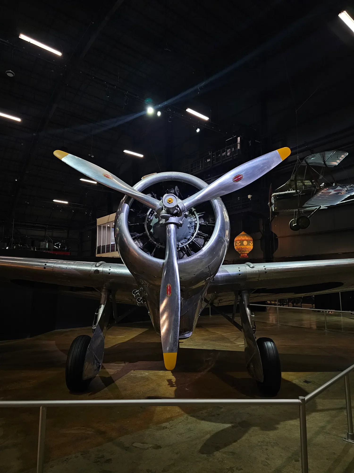 Radial aircraft engine and propeller viewed head-on