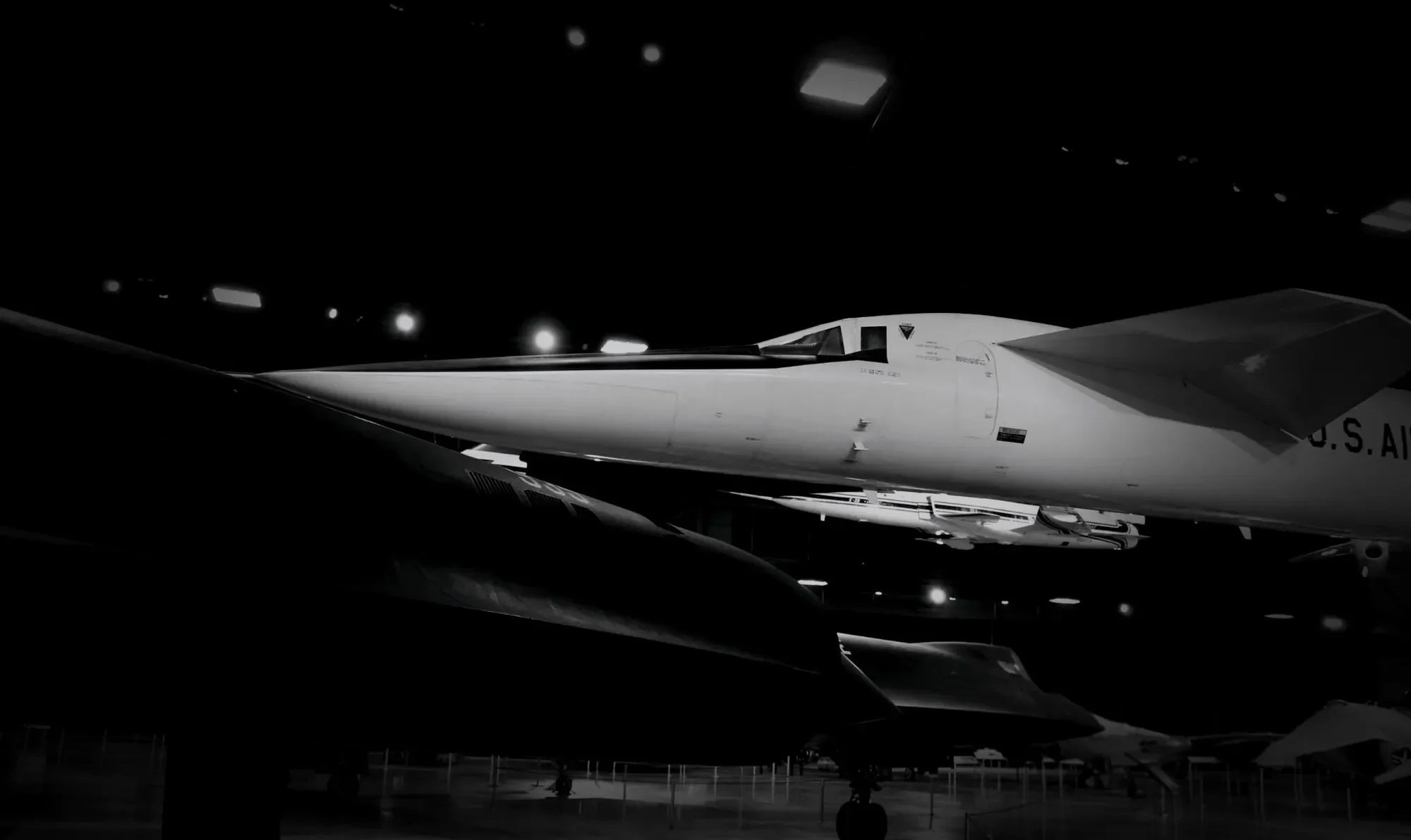 North American XB-70 Valkyrie displayed in a dark hangar