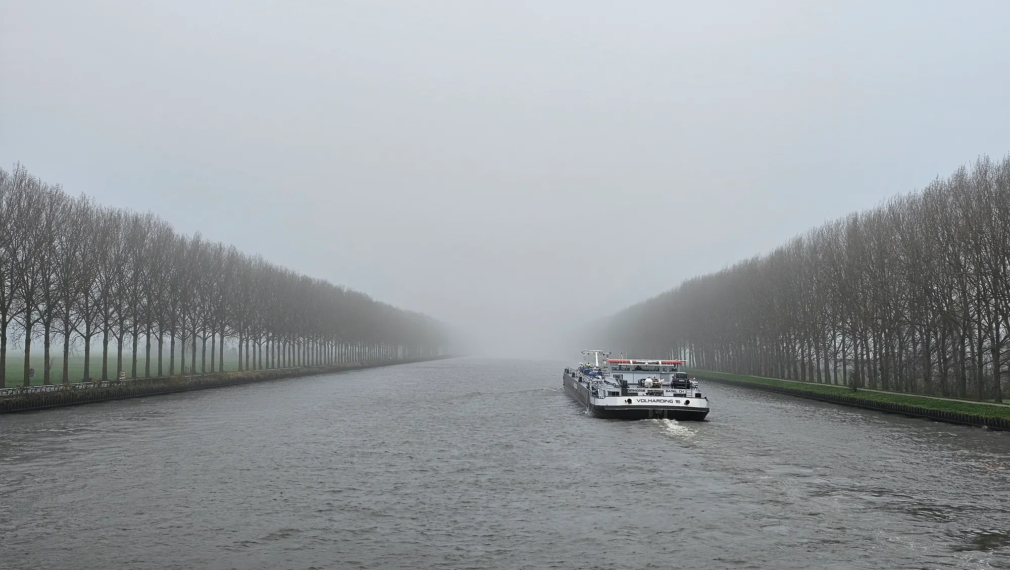 Passenger boat traveling along a tree-lined river in dense fog