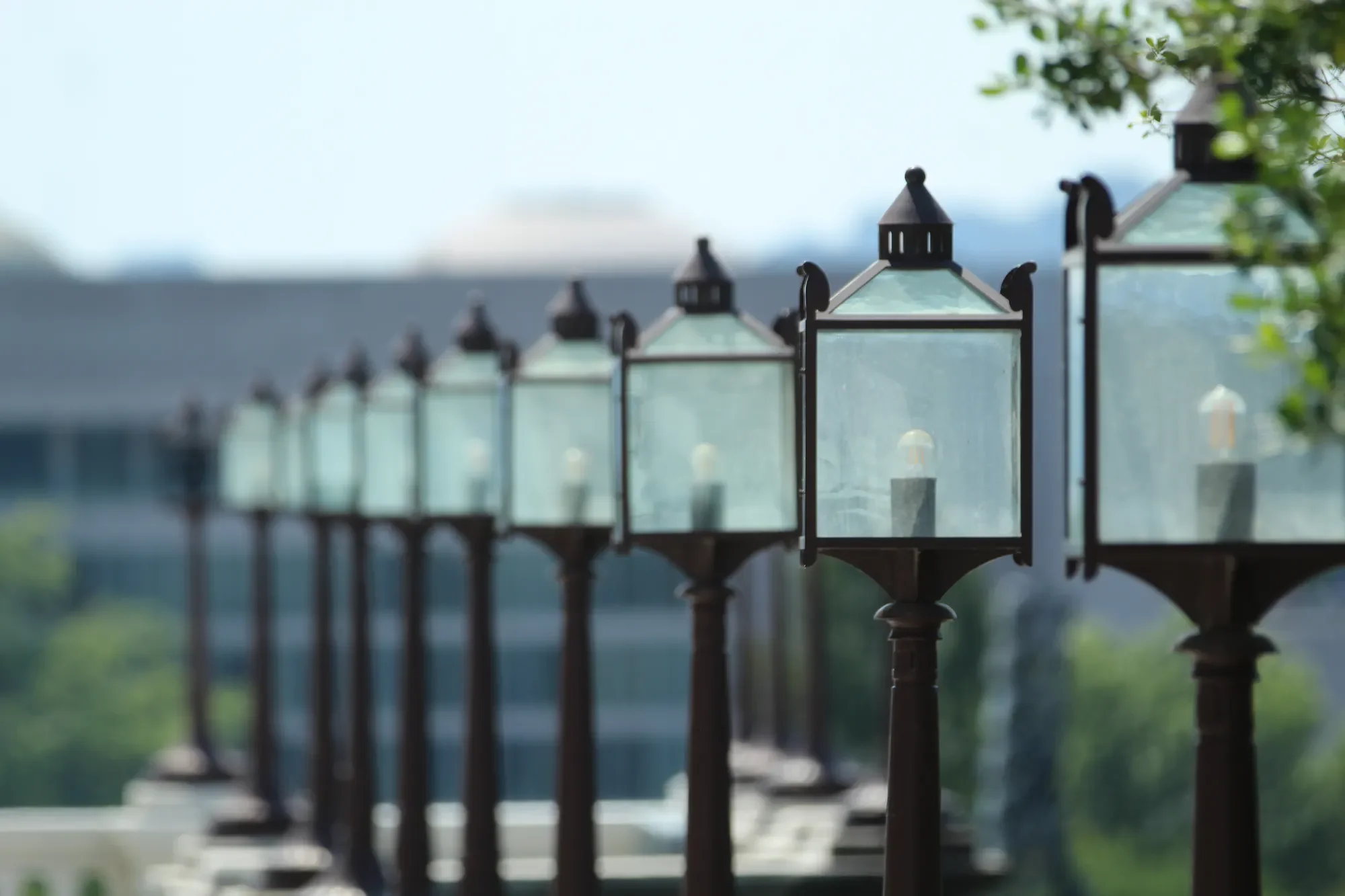 Receding row of black metal lanterns in Washington, D.C.