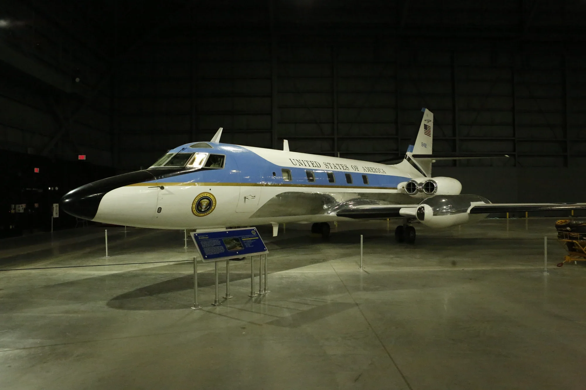 Historic United States presidential aircraft displayed inside a museum hangar
