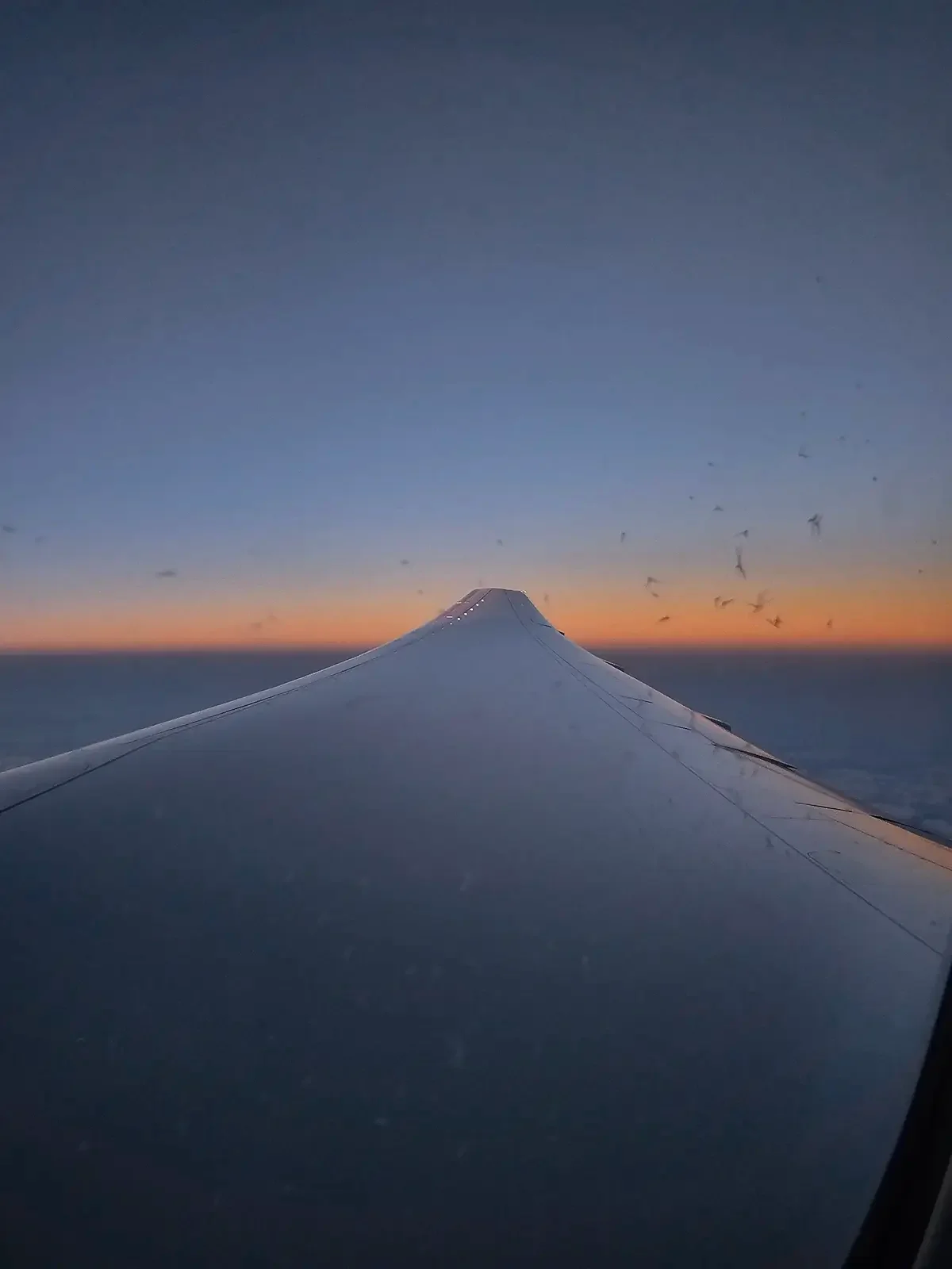 Aircraft wing above clouds at dusk
